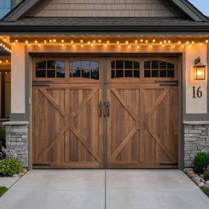 Wood Carriage Garage Door, Farmhouse Style, with Arched Windows and X-Brace Design, Custom OEM Manufacturer