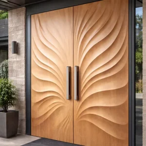 Wooden Entrance Door with Fluid Wave Carving and Finished Surface