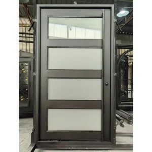 Wrought Iron Pivot Door with Glass, Cast Metal Ornaments and Aluminum Lever Handle