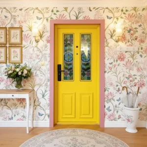 Yellow Wrought Iron Stained Glass Entry Door, Tropical Design, Sound Insulation, Exterior Villa Residential
