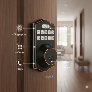 Zinc Alloy Smart Deadbolt Lock with Fingerprint Entry for Exterior Door, American Standard